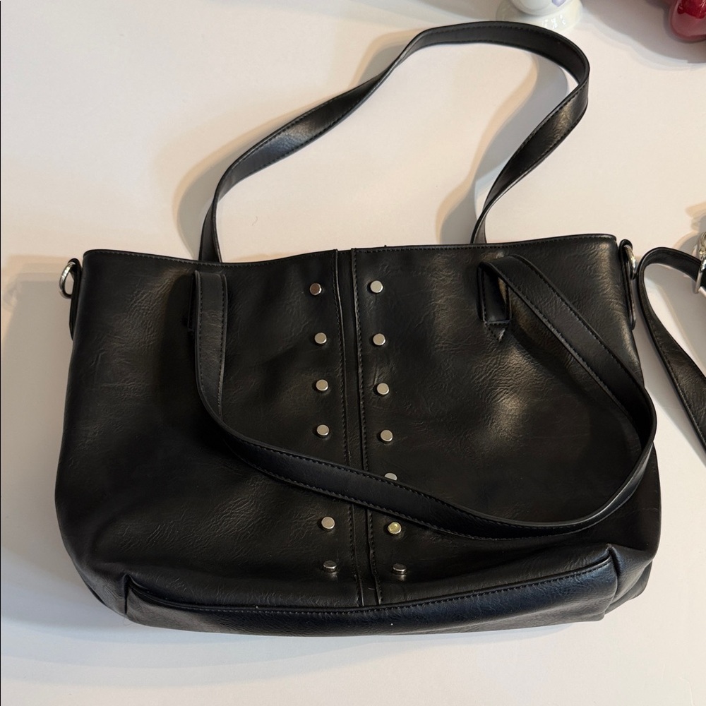 Nicole Miller Black Leather Shoulder Bag with Silver Accents